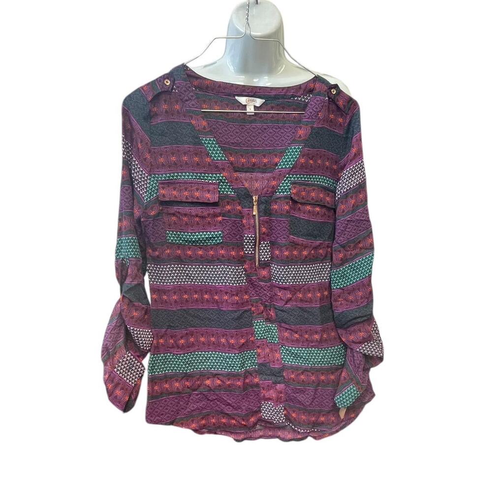 Purple and green striped blouse
